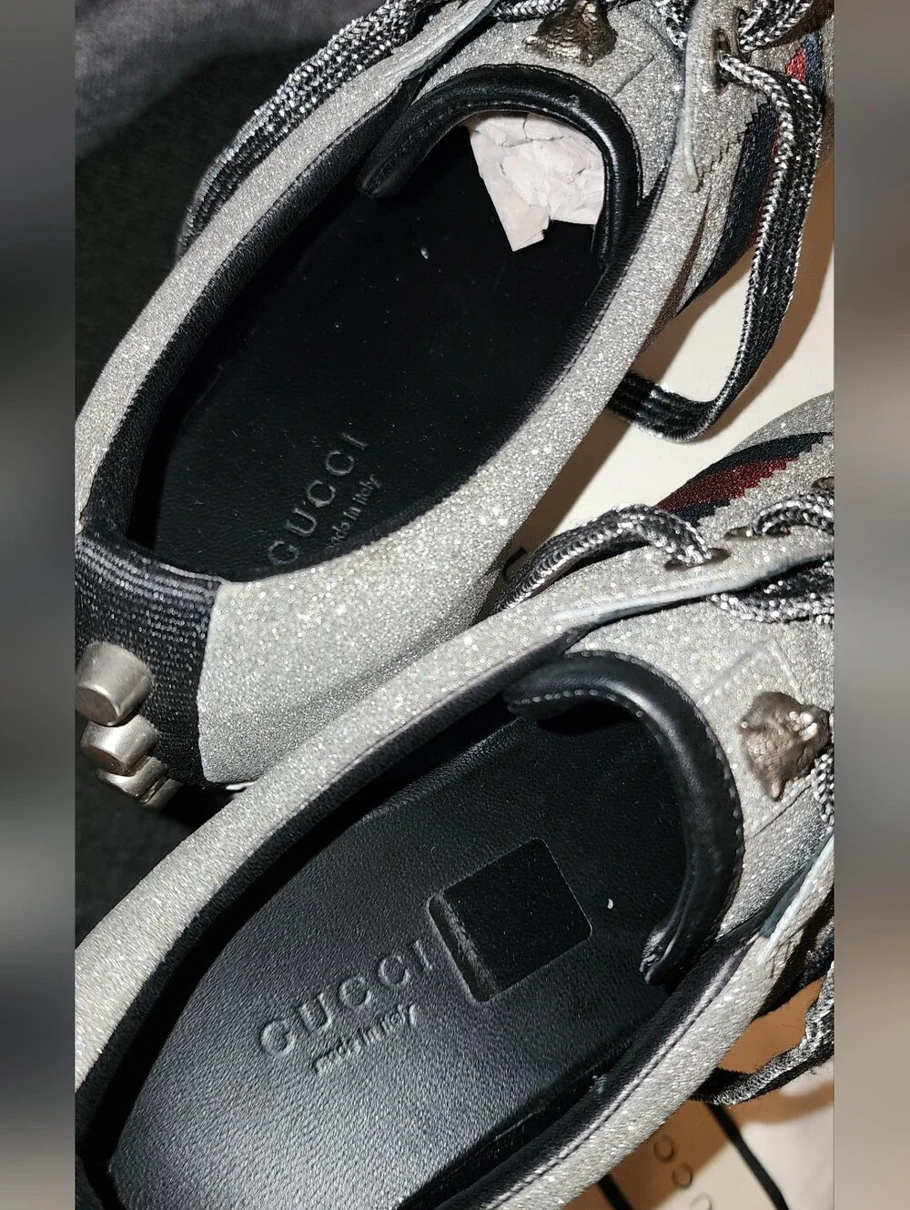 Gucci Silver Glitter Low-Top Sneaker with Red & Blue Stripe